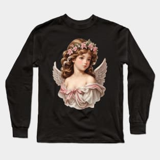 Vintage Pink Girl Christmas Angel with Roses Long Sleeve T-Shirt